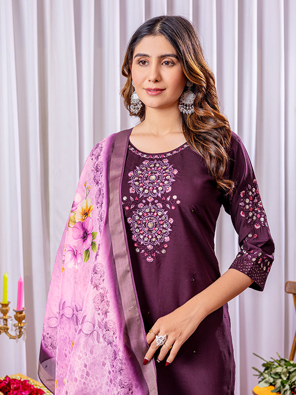 Wine Viscose Silk Straight Kurti Pant & Dupatta Set