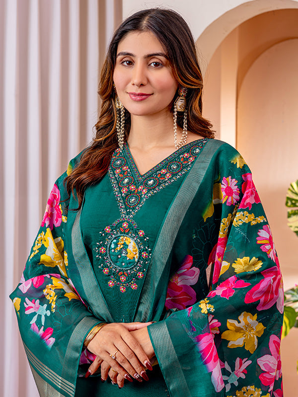 Green Viscose Silk Embroidered With Hand Work Suit Set