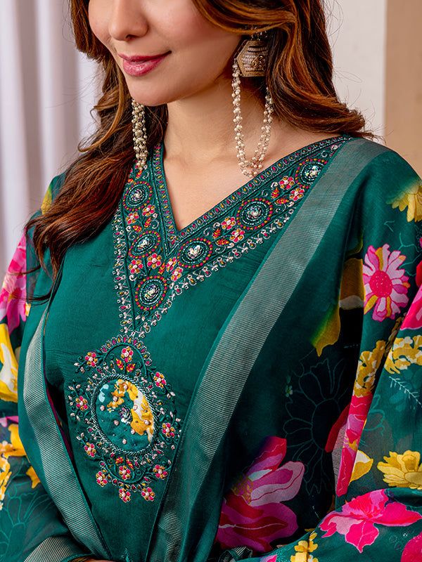 Green Viscose Silk Embroidered With Hand Work Suit Set