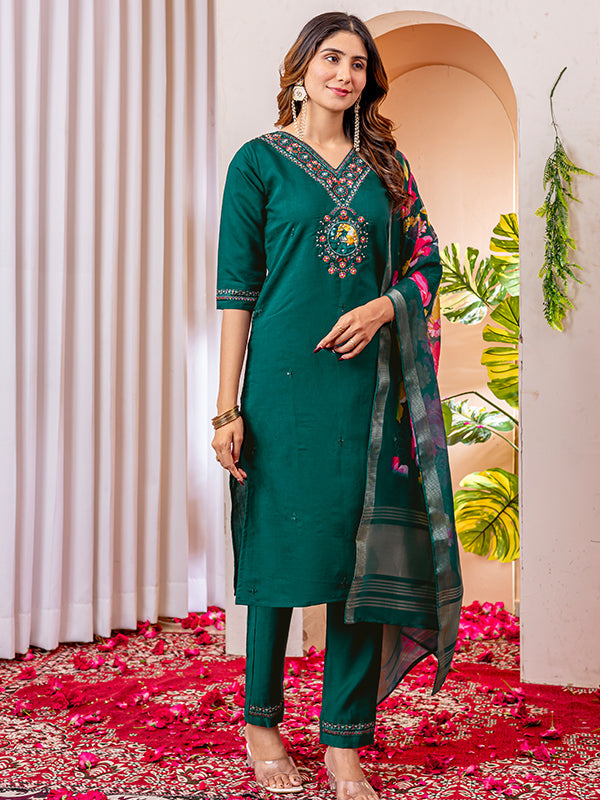 Green Viscose Silk Embroidered With Hand Work Suit Set