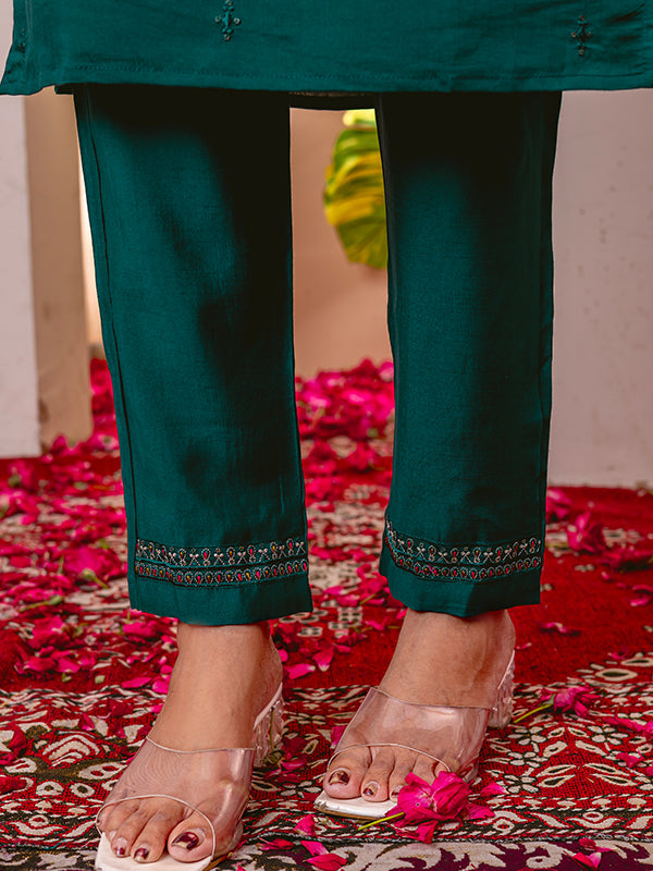 Green Viscose Silk Embroidered With Hand Work Suit Set