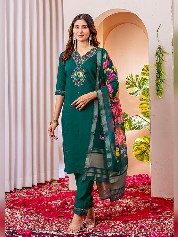 Green Viscose Silk Embroidered With Hand Work Suit Set