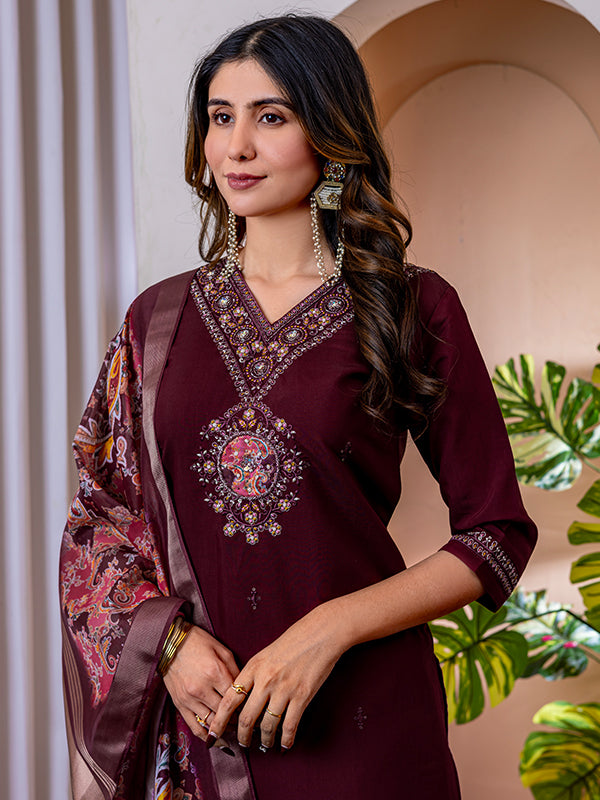 Wine Viscose Silk Embroidered With Hand Work Suit Set