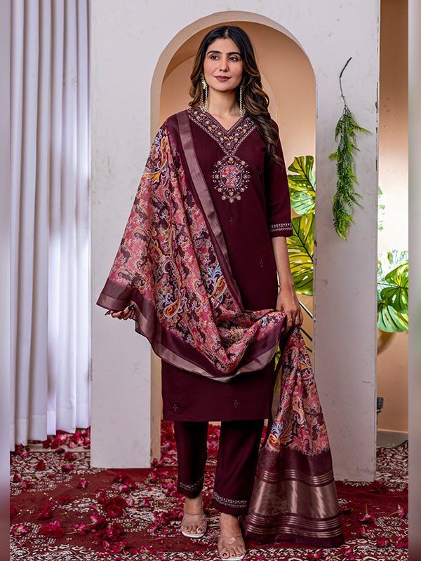 Wine Viscose Silk Embroidered With Hand Work Suit Set