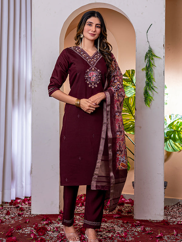 Wine Viscose Silk Embroidered With Hand Work Suit Set