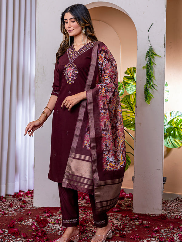 Wine Viscose Silk Embroidered With Hand Work Suit Set