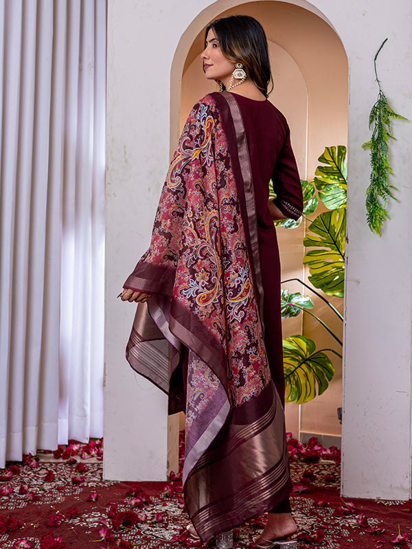 Wine Viscose Silk Embroidered With Hand Work Suit Set