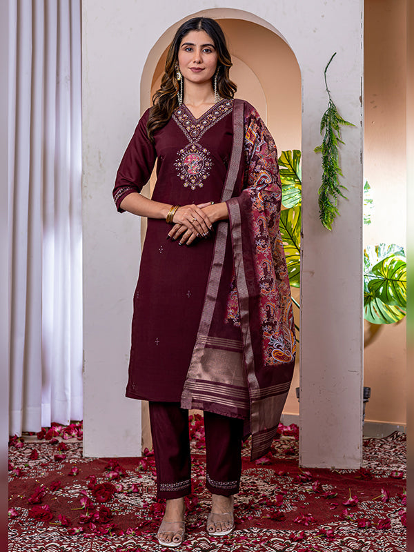 Wine Viscose Silk Embroidered With Hand Work Suit Set