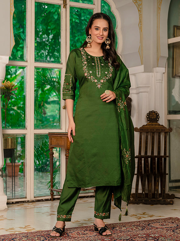 Mehndi Green Marina Silk Straight Kurti Pant & Dupatta Set