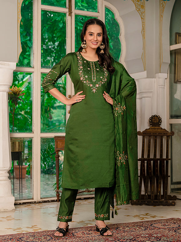 Mehndi Green Marina Silk Straight Kurti Pant & Dupatta Set