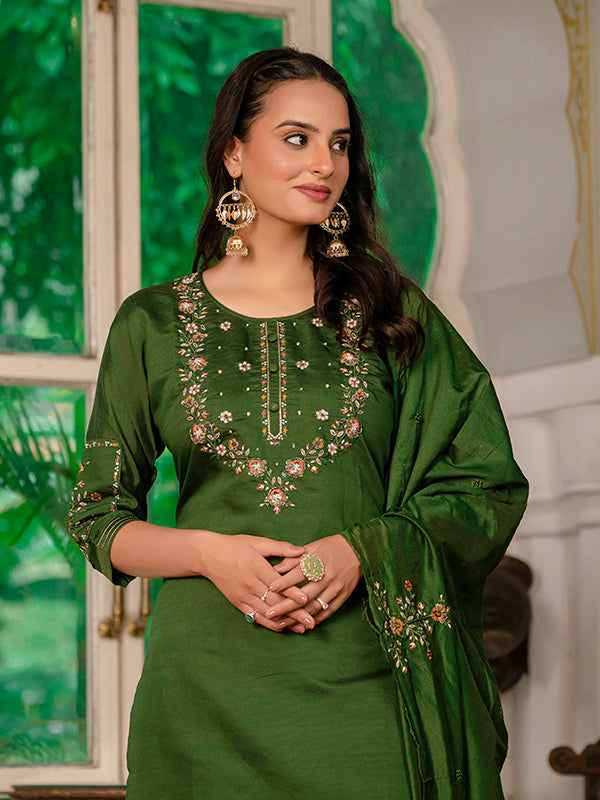 Mehndi Green Marina Silk Straight Kurti Pant & Dupatta Set