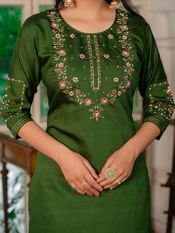 Mehndi Green Marina Silk Straight Kurti Pant & Dupatta Set