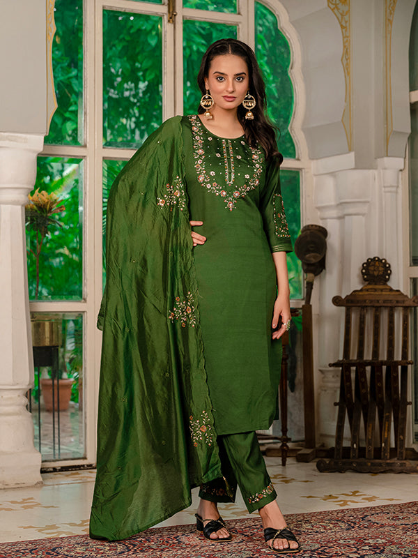 Mehndi Green Marina Silk Straight Kurti Pant & Dupatta Set