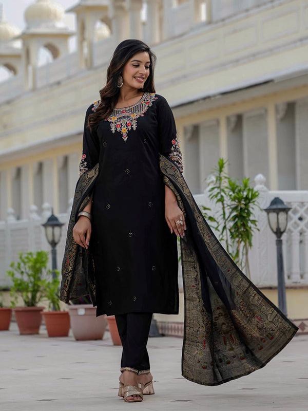 Black Embroidery Sequins Work Roman Silk Kurti Pant & Dupatta Set