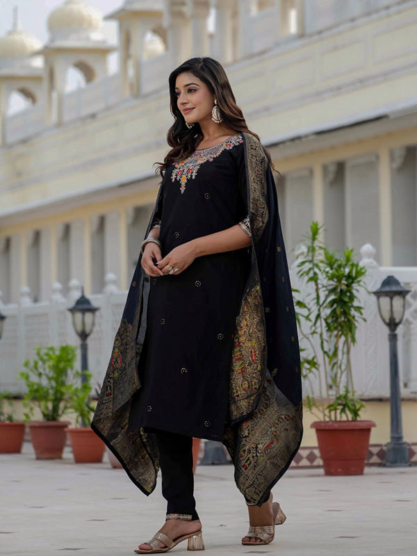 Black Embroidery Sequins Work Roman Silk Kurti Pant & Dupatta Set