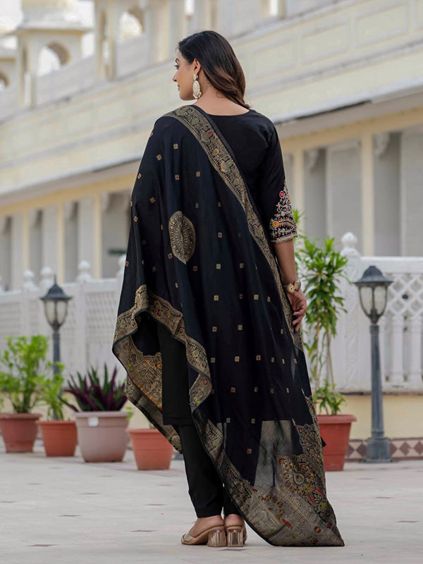 Black Embroidery Sequins Work Roman Silk Kurti Pant & Dupatta Set