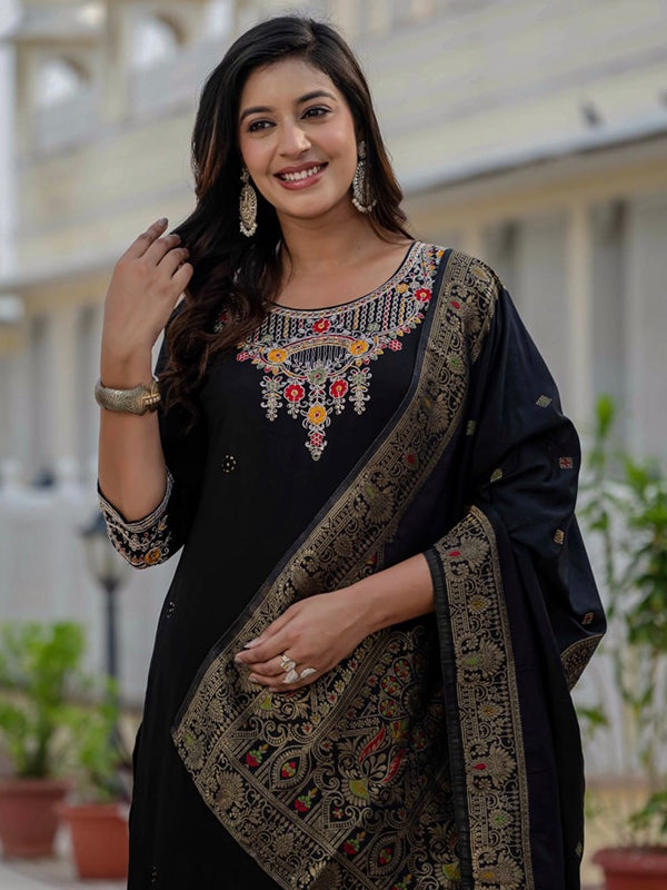 Black Embroidery Sequins Work Roman Silk Kurti Pant & Dupatta Set