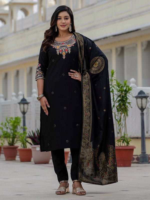 Black Embroidery Sequins Work Roman Silk Kurti Pant & Dupatta Set
