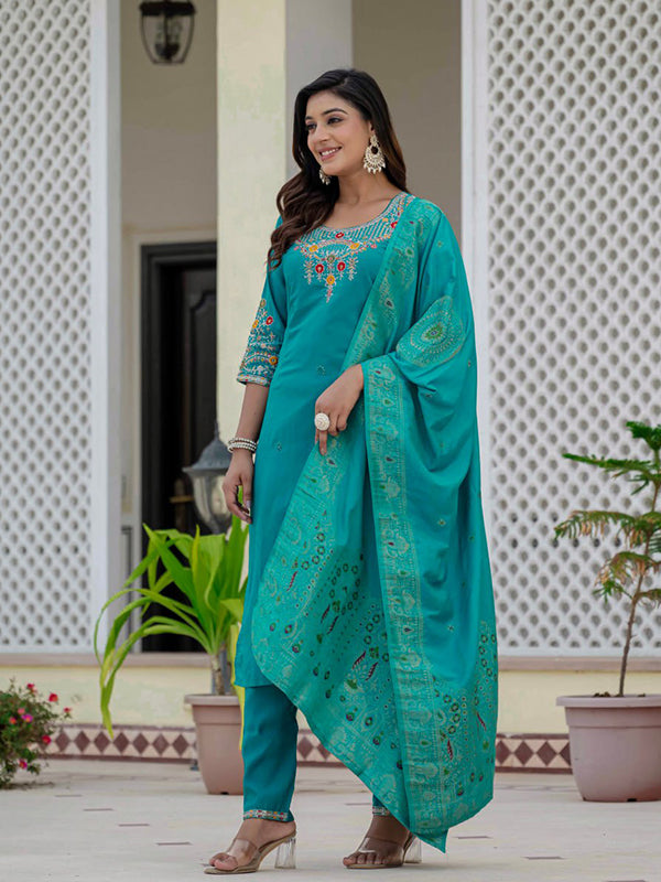 Sky Blue Embroidery Sequins Work Roman Silk Kurti Pant & Dupatta Set