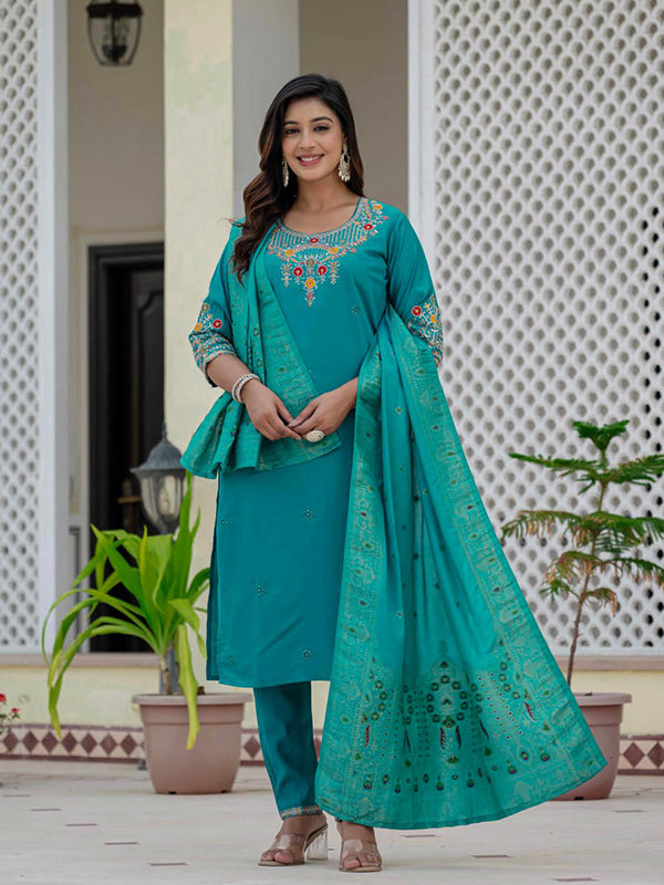 Sky Blue Embroidery Sequins Work Roman Silk Kurti Pant & Dupatta Set