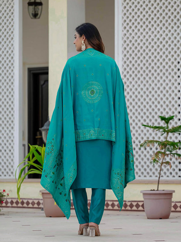 Sky Blue Embroidery Sequins Work Roman Silk Kurti Pant & Dupatta Set