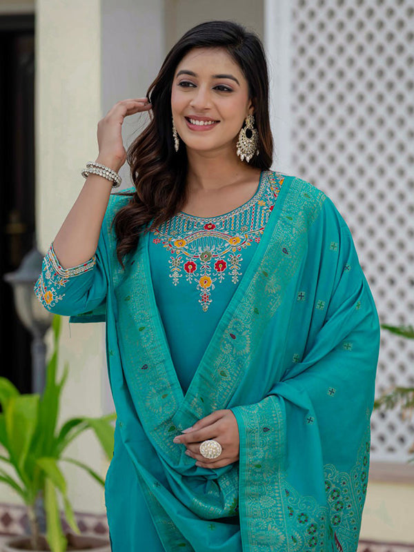Sky Blue Embroidery Sequins Work Roman Silk Kurti Pant & Dupatta Set