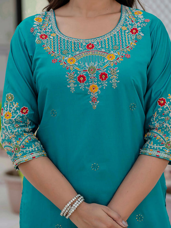 Sky Blue Embroidery Sequins Work Roman Silk Kurti Pant & Dupatta Set