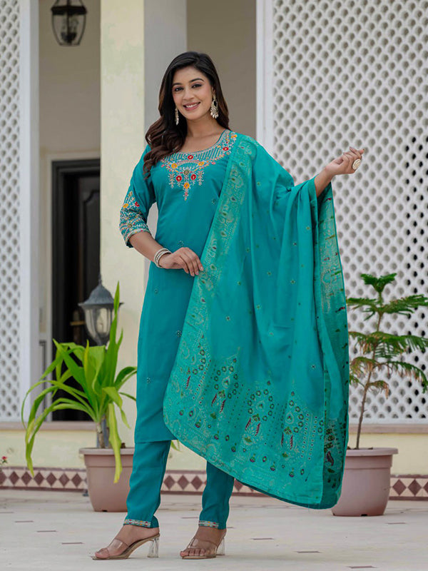 Sky Blue Embroidery Sequins Work Roman Silk Kurti Pant & Dupatta Set