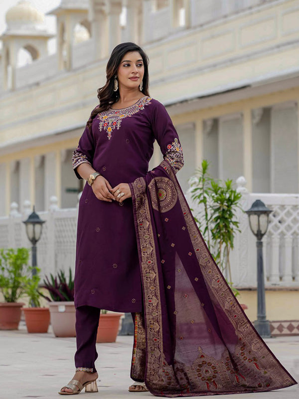 Wine Embroidery Sequins Work Roman Silk Kurti Pant & Dupatta Set