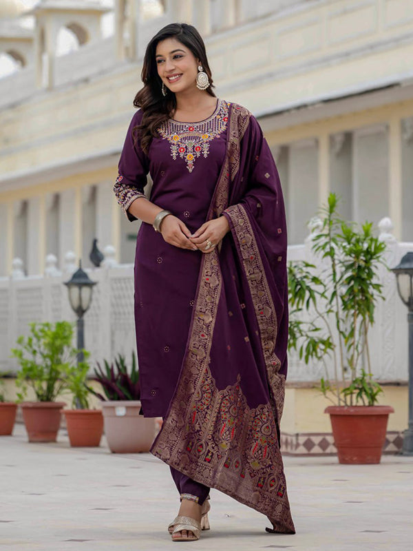 Wine Embroidery Sequins Work Roman Silk Kurti Pant & Dupatta Set