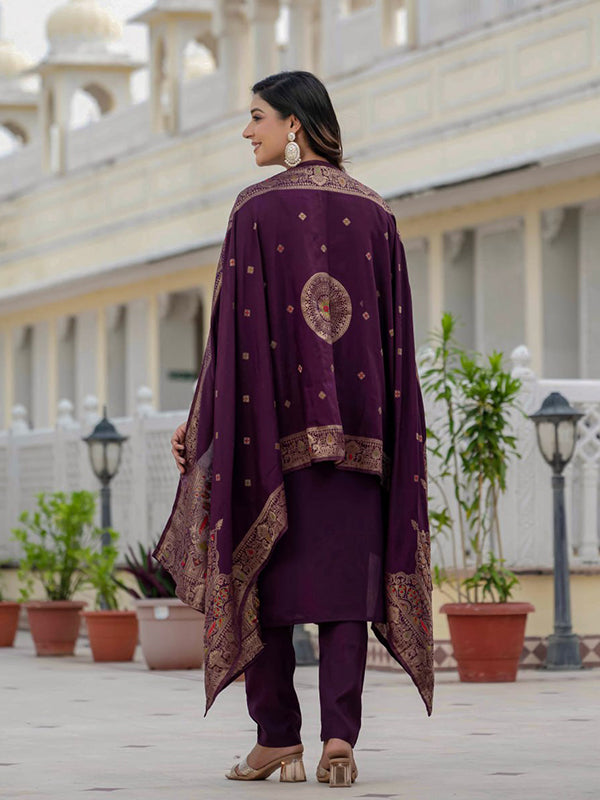 Wine Embroidery Sequins Work Roman Silk Kurti Pant & Dupatta Set
