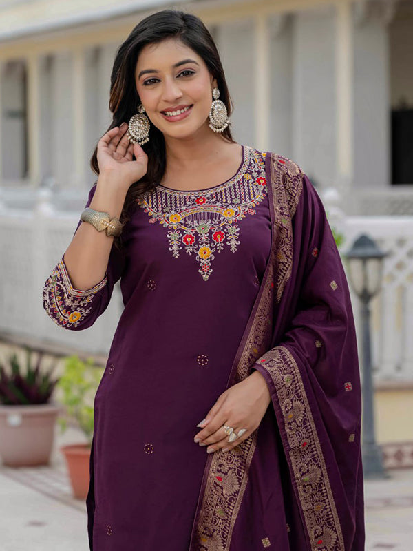 Wine Embroidery Sequins Work Roman Silk Kurti Pant & Dupatta Set
