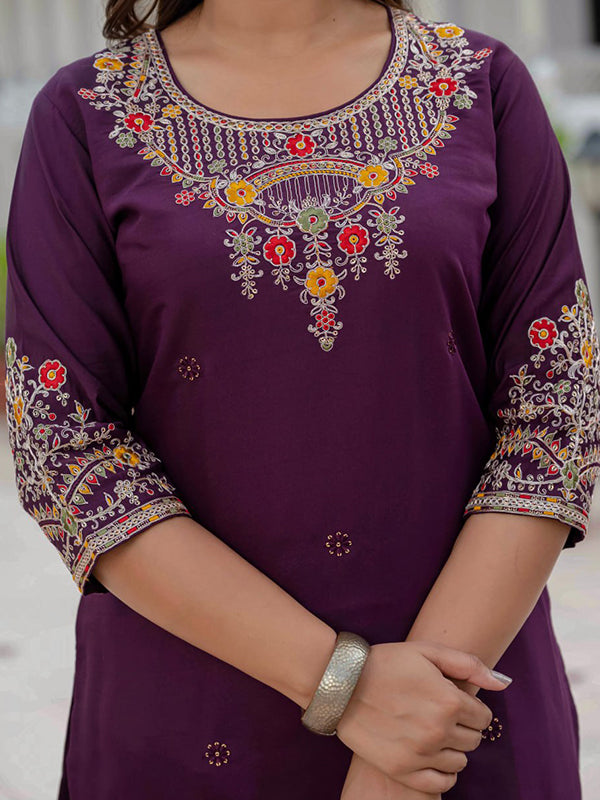 Wine Embroidery Sequins Work Roman Silk Kurti Pant & Dupatta Set