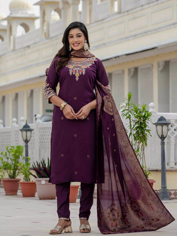 Wine Embroidery Sequins Work Roman Silk Kurti Pant & Dupatta Set