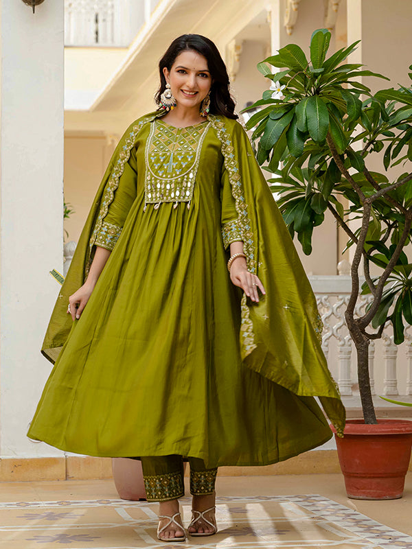 Mehndi Green Embroidery With Real Mirror Work Roman Silk Kurti Set