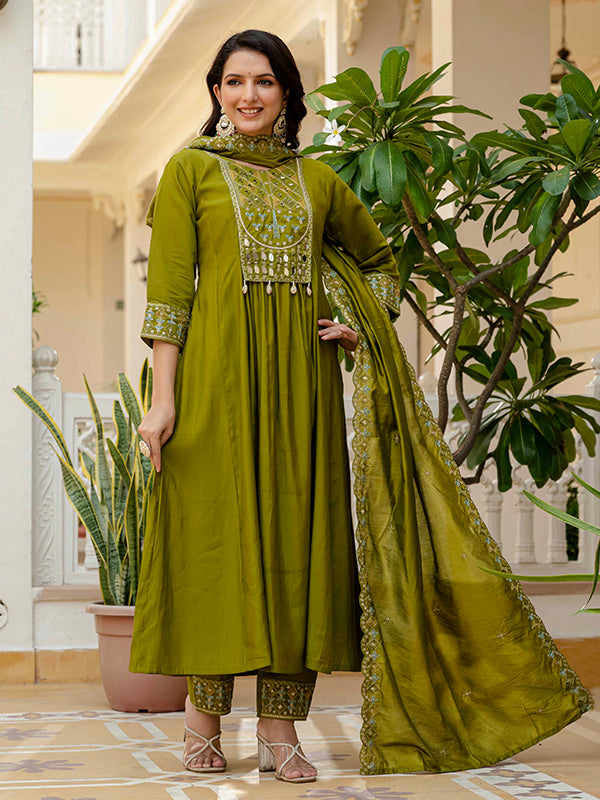 Mehndi Green Embroidery With Real Mirror Work Roman Silk Kurti Set