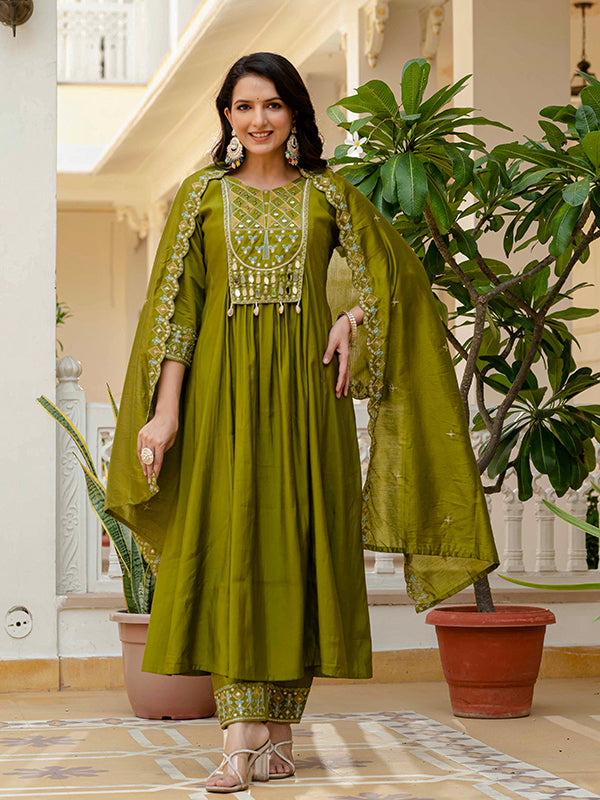 Mehndi Green Embroidery With Real Mirror Work Roman Silk Kurti Set