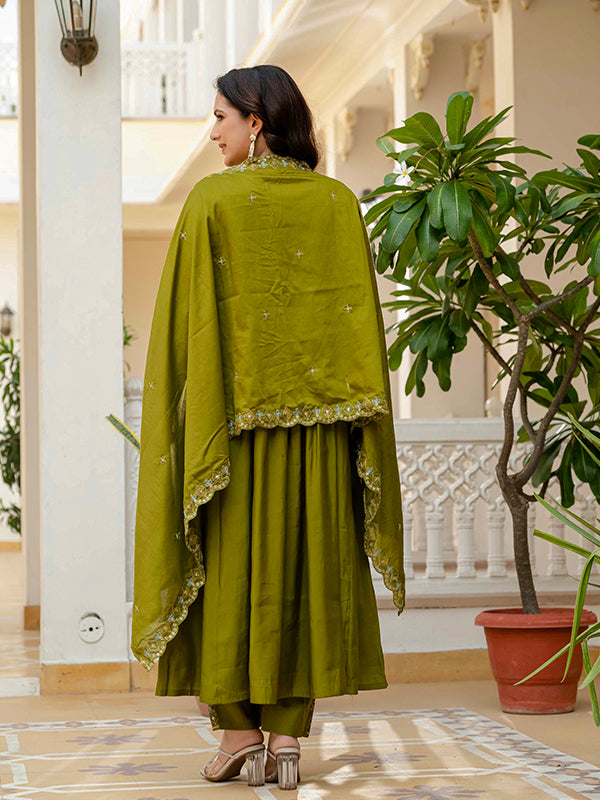 Mehndi Green Embroidery With Real Mirror Work Roman Silk Kurti Set