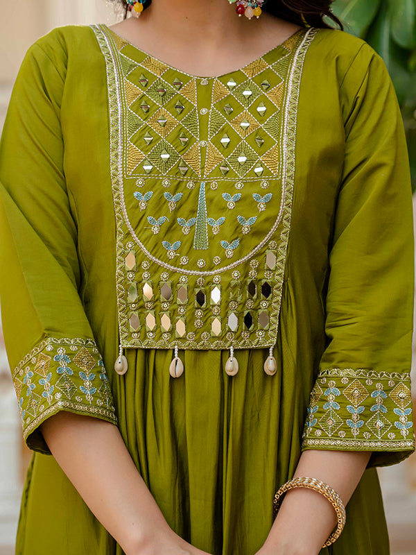 Mehndi Green Embroidery With Real Mirror Work Roman Silk Kurti Set