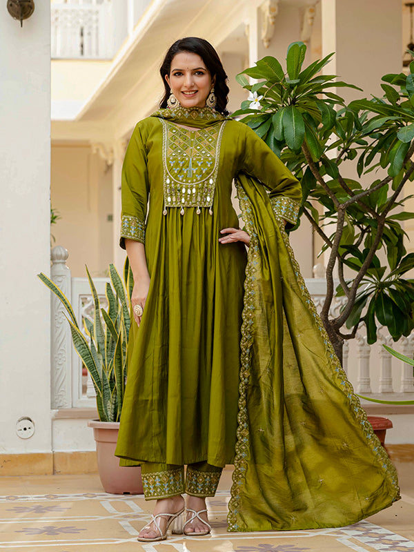Mehndi Green Embroidery With Real Mirror Work Roman Silk Kurti Set