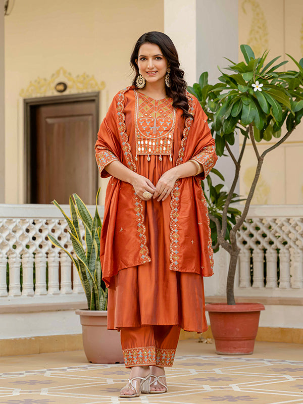Rust Orange Embroidery With Real Mirror Work Roman Silk Kurti Set