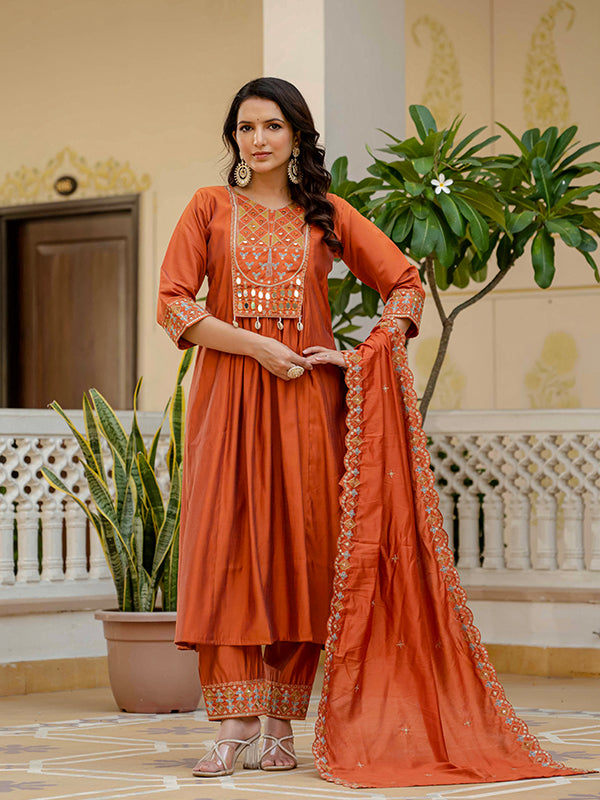 Rust Orange Embroidery With Real Mirror Work Roman Silk Kurti Set