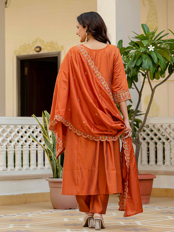 Rust Orange Embroidery With Real Mirror Work Roman Silk Kurti Set