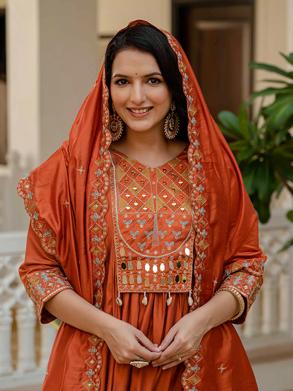 Rust Orange Embroidery With Real Mirror Work Roman Silk Kurti Set