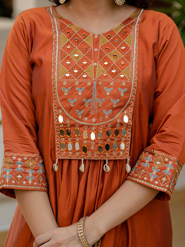 Rust Orange Embroidery With Real Mirror Work Roman Silk Kurti Set