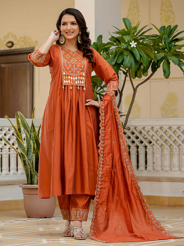 Rust Orange Embroidery With Real Mirror Work Roman Silk Kurti Set