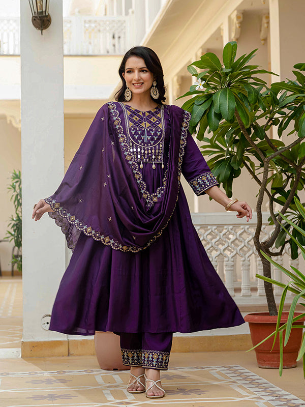 Purple Embroidery With Real Mirror Work Roman Silk Kurti Set