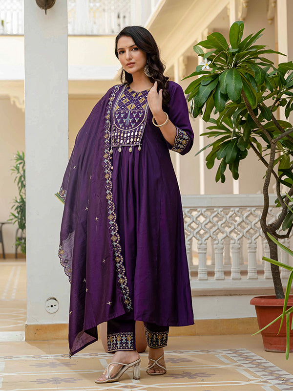 Purple Embroidery With Real Mirror Work Roman Silk Kurti Set