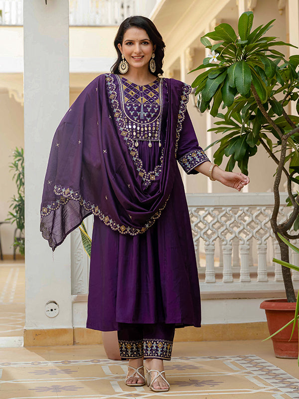 Purple Embroidery With Real Mirror Work Roman Silk Kurti Set