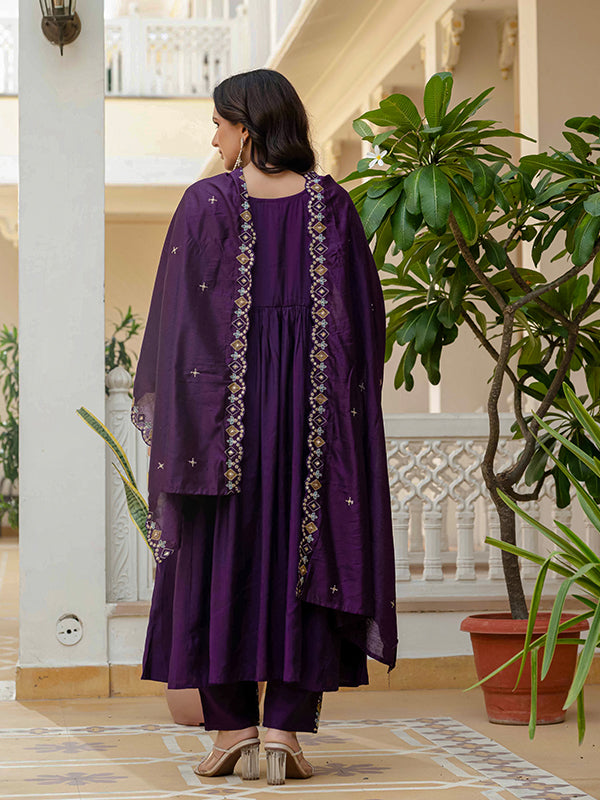 Purple Embroidery With Real Mirror Work Roman Silk Kurti Set